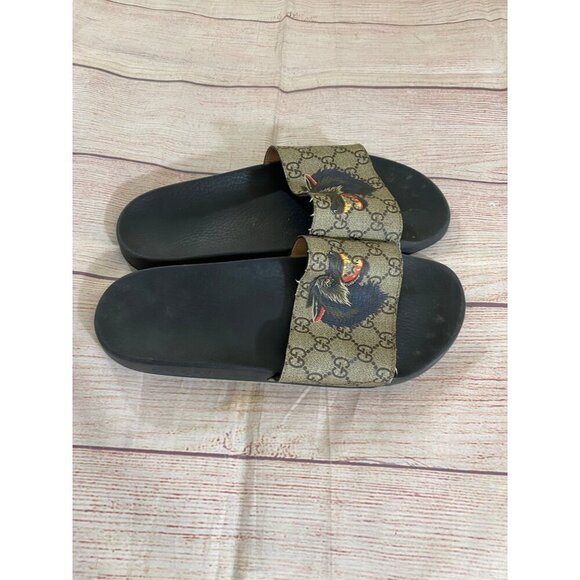 Gucci Men's Authentic Wolf GG Logo Print Brown Black Sandals Slides - 9 - Picture 5 of 16